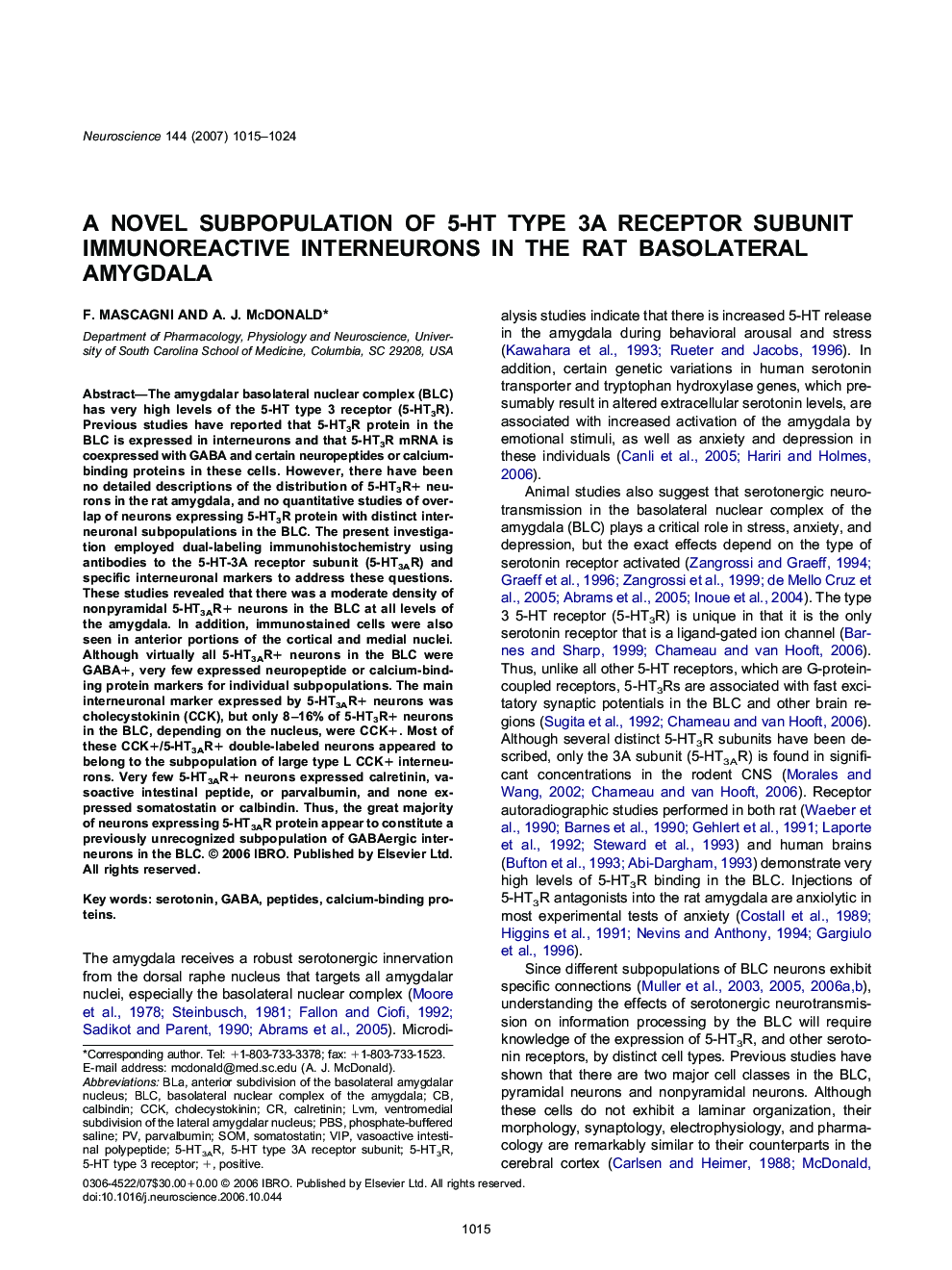 A novel subpopulation of 5-HT type 3A receptor subunit immunoreactive interneurons in the rat basolateral amygdala