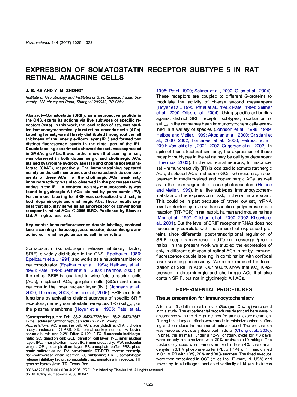 Expression of somatostatin receptor subtype 5 in rat retinal amacrine cells