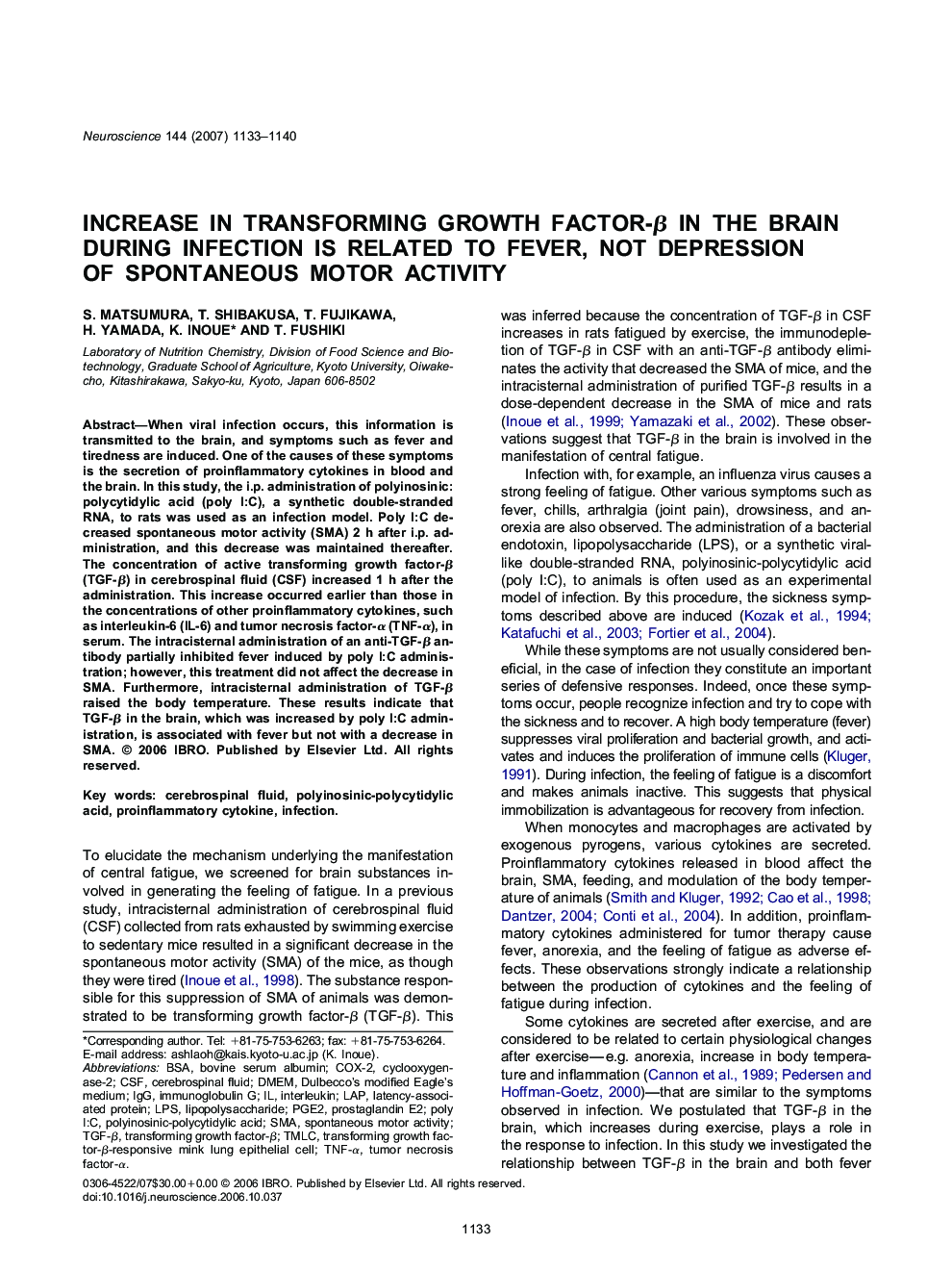 Increase in transforming growth factor-β in the brain during infection is related to fever, not depression of spontaneous motor activity