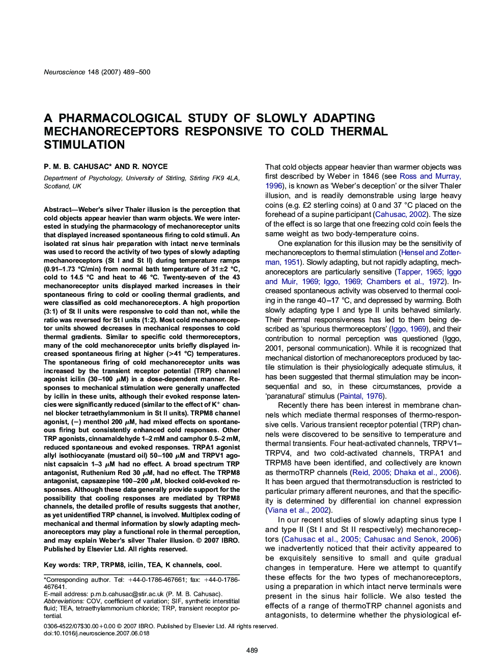 A pharmacological study of slowly adapting mechanoreceptors responsive to cold thermal stimulation