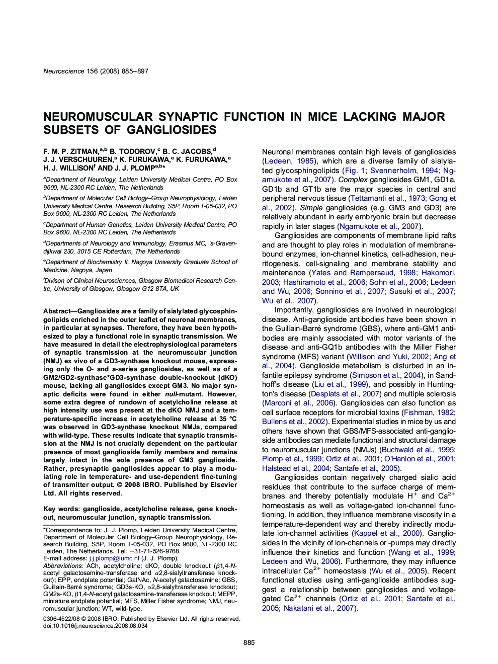 Neuromuscular synaptic function in mice lacking major subsets of gangliosides