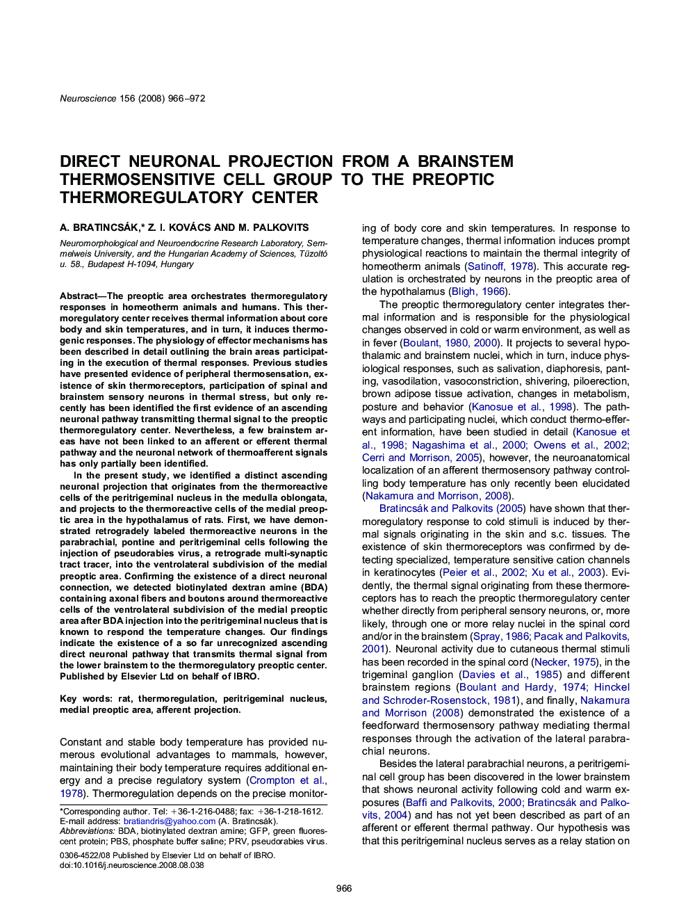 Direct neuronal projection from a brainstem thermosensitive cell group to the preoptic thermoregulatory center