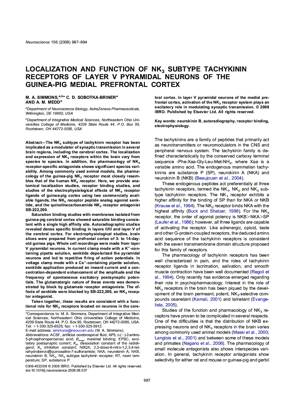 Localization and function of NK3 subtype tachykinin receptors of layer V pyramidal neurons of the guinea-pig medial prefrontal cortex