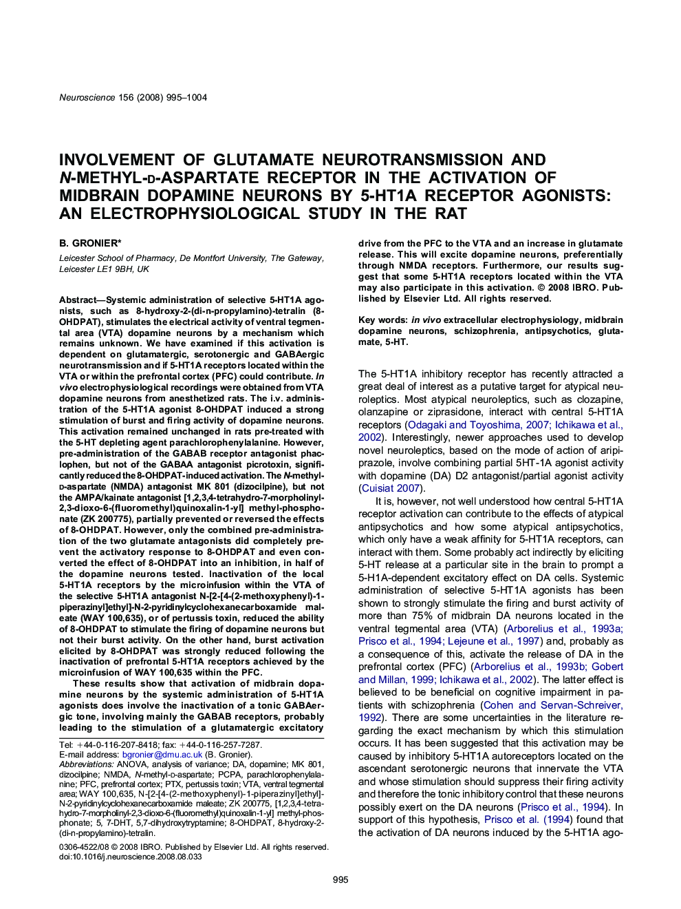 Involvement of glutamate neurotransmission and N-methyl-d-aspartate receptor in the activation of midbrain dopamine neurons by 5-HT1A receptor agonists: An electrophysiological study in the rat