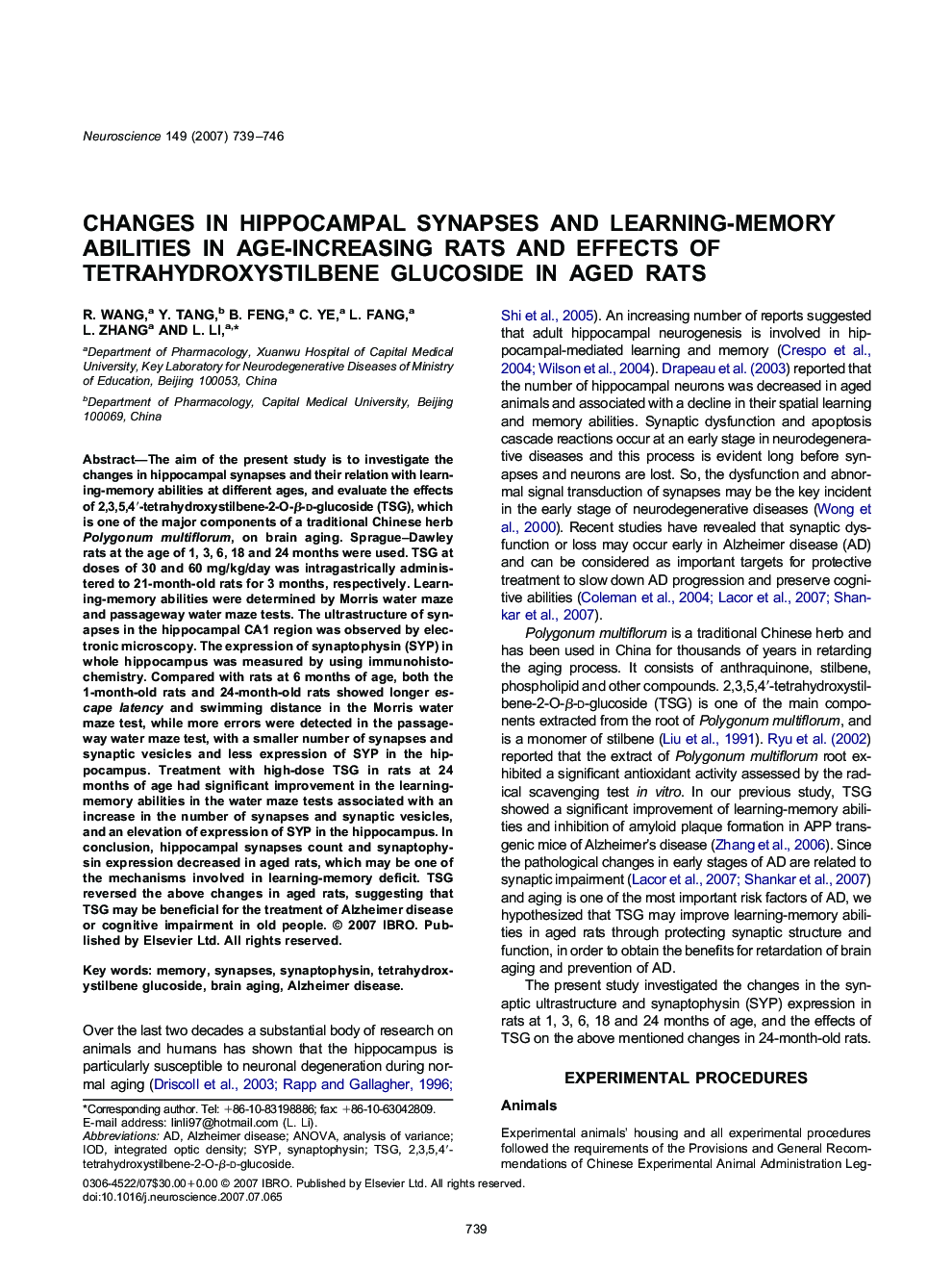 Changes in hippocampal synapses and learning-memory abilities in age-increasing rats and effects of tetrahydroxystilbene glucoside in aged rats