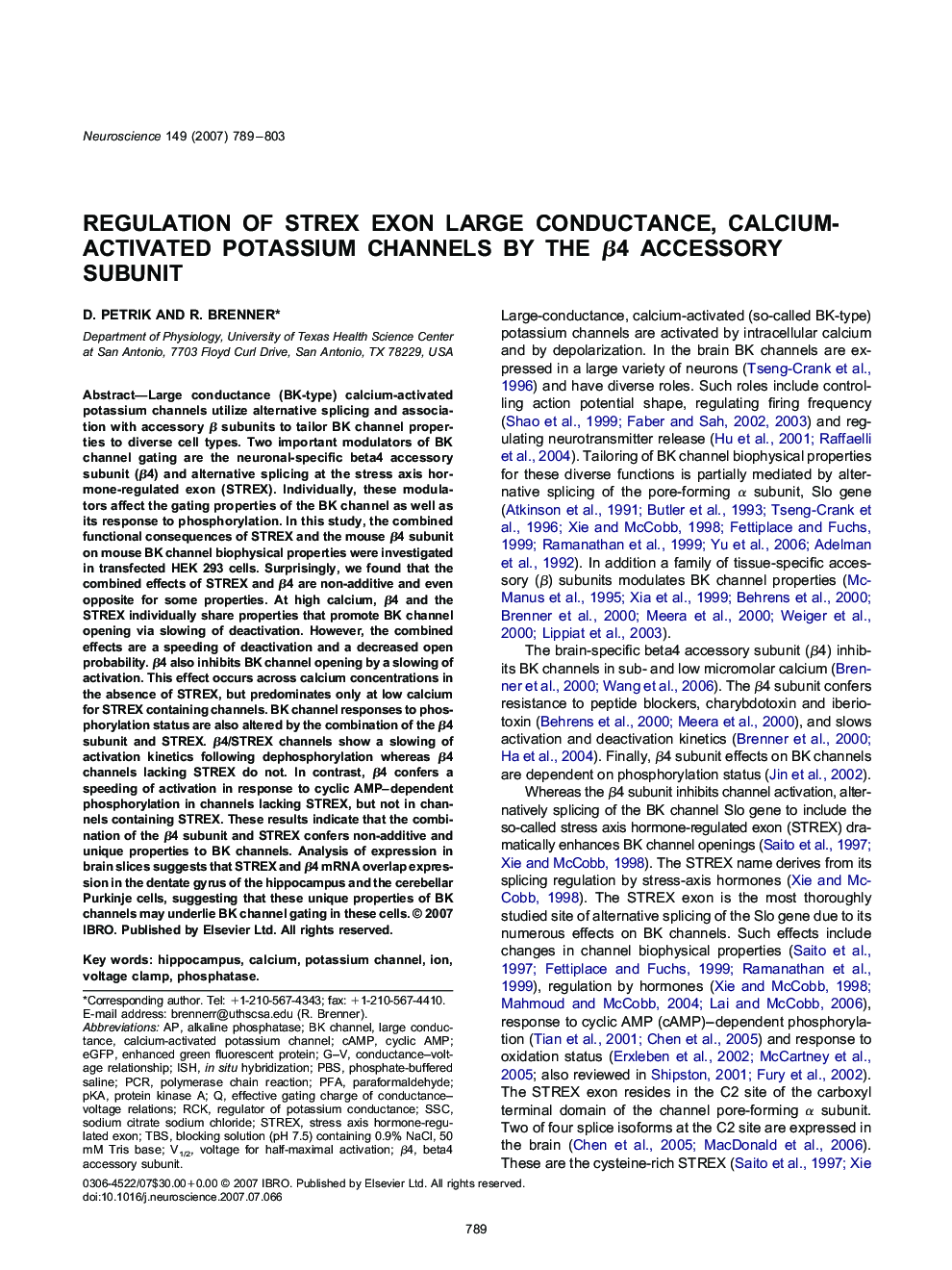 Regulation of STREX exon large conductance, calcium-activated potassium channels by the β4 accessory subunit