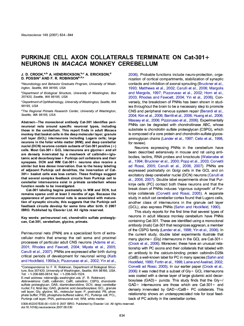 Purkinje cell axon collaterals terminate on Cat-301+ neurons in Macaca monkey cerebellum