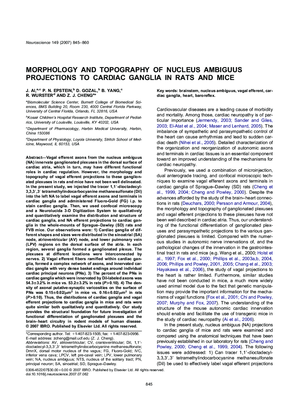 Morphology and topography of nucleus ambiguus projections to cardiac ganglia in rats and mice