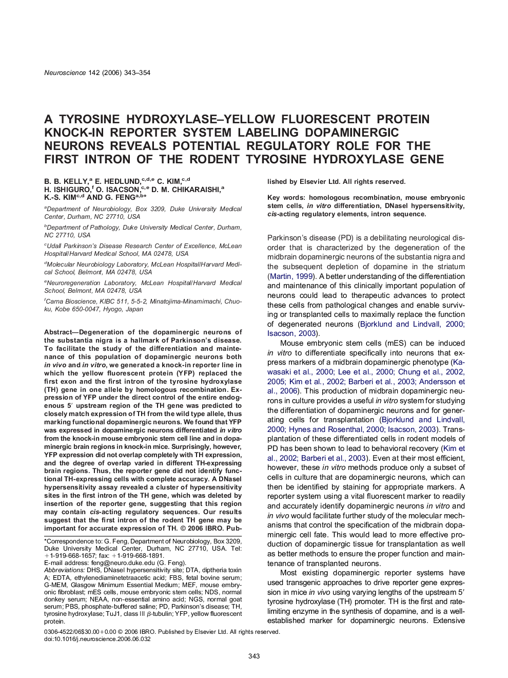 A tyrosine hydroxylase–yellow fluorescent protein knock-in reporter system labeling dopaminergic neurons reveals potential regulatory role for the first intron of the rodent tyrosine hydroxylase gene