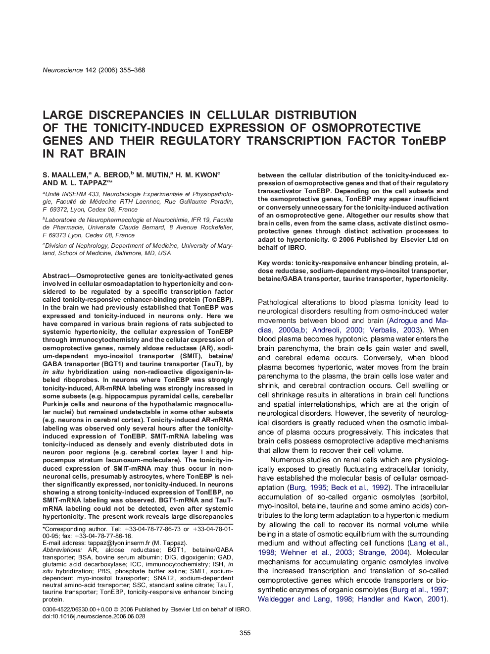 Large discrepancies in cellular distribution of the tonicity-induced expression of osmoprotective genes and their regulatory transcription factor TonEBP in rat brain