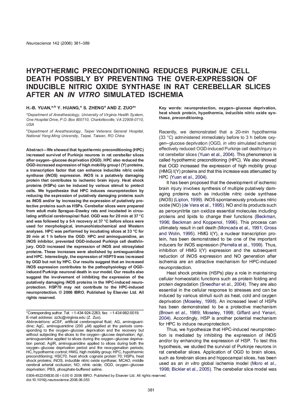 Hypothermic preconditioning reduces Purkinje cell death possibly by preventing the over-expression of inducible nitric oxide synthase in rat cerebellar slices after an in vitro simulated ischemia