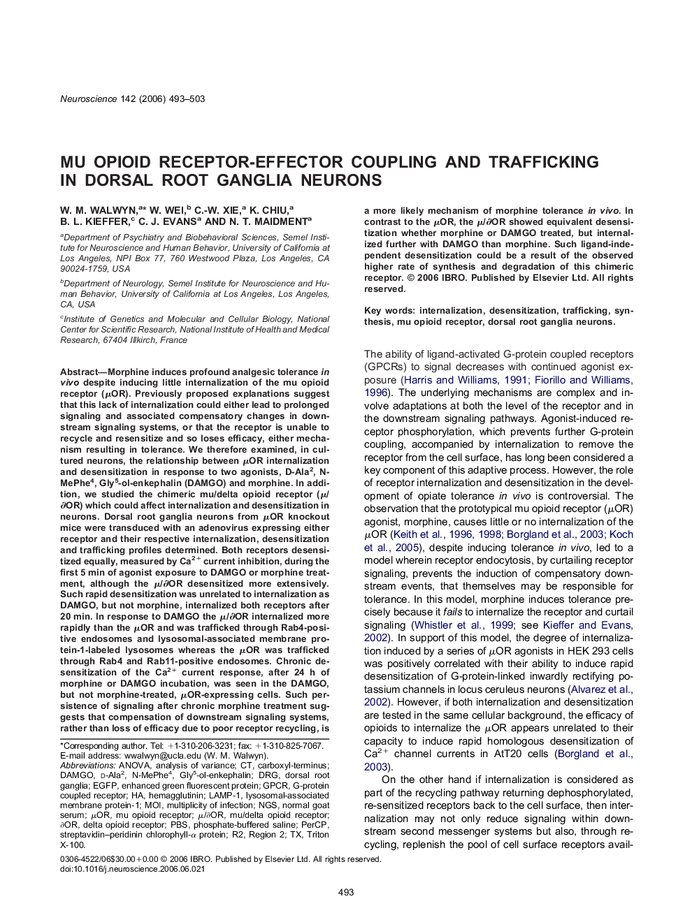 Mu opioid receptor-effector coupling and trafficking in dorsal root ganglia neurons