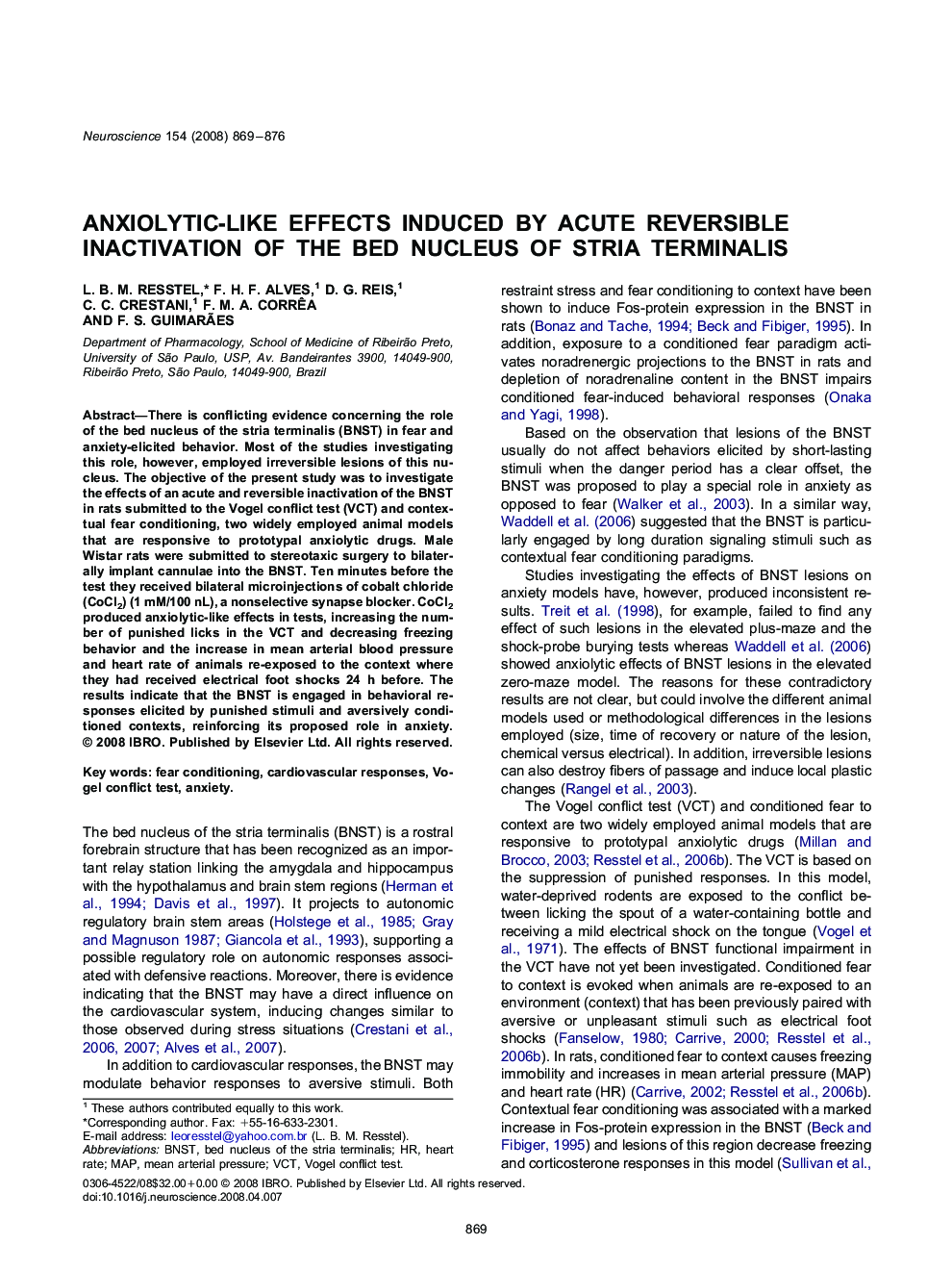 Anxiolytic-like effects induced by acute reversible inactivation of the bed nucleus of stria terminalis