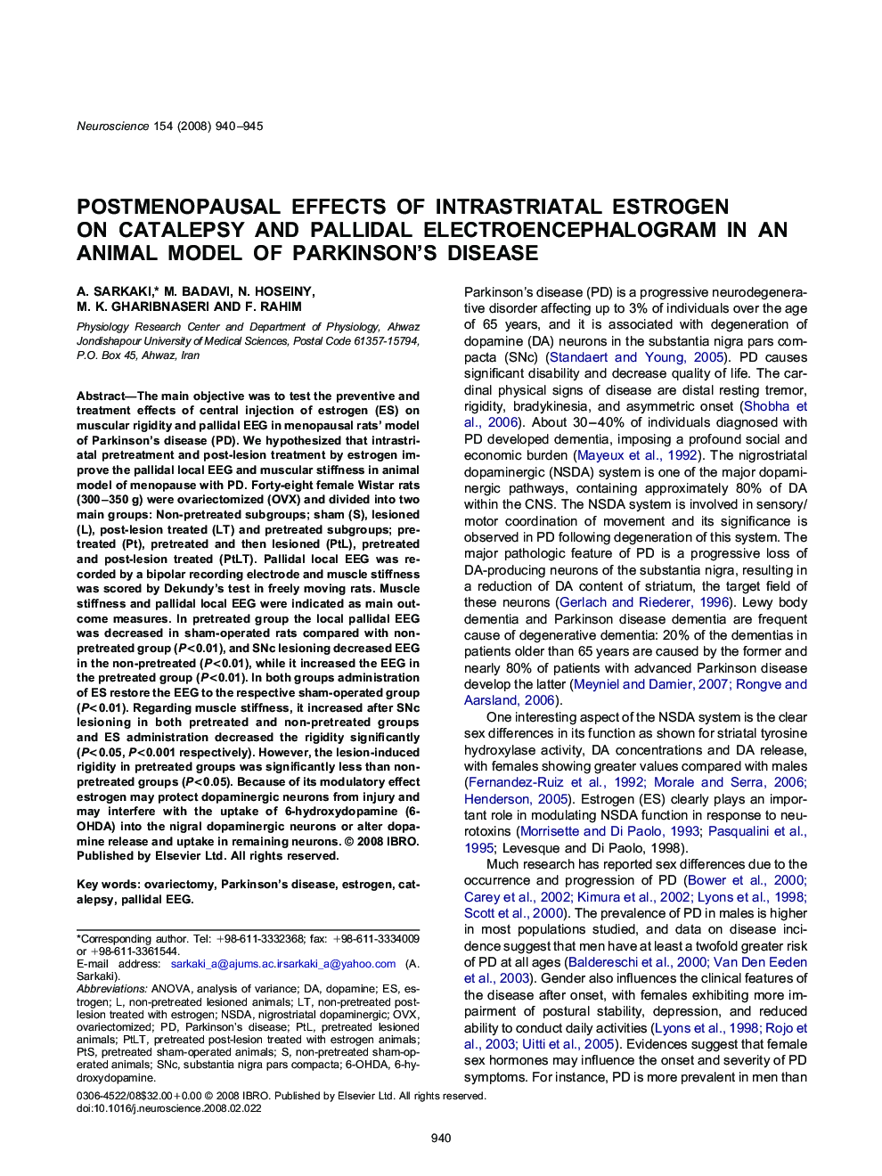 Postmenopausal effects of intrastriatal estrogen on catalepsy and pallidal electroencephalogram in an animal model of Parkinson's disease