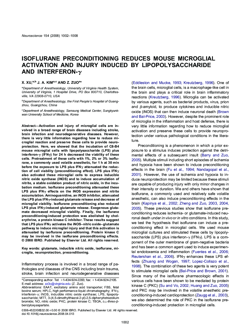 Isoflurane preconditioning reduces mouse microglial activation and injury induced by lipopolysaccharide and interferon-γ