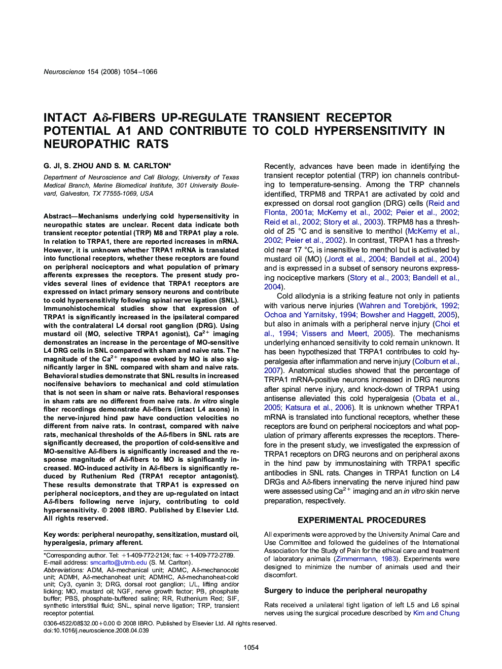 Intact Aδ-fibers up-regulate transient receptor potential A1 and contribute to cold hypersensitivity in neuropathic rats