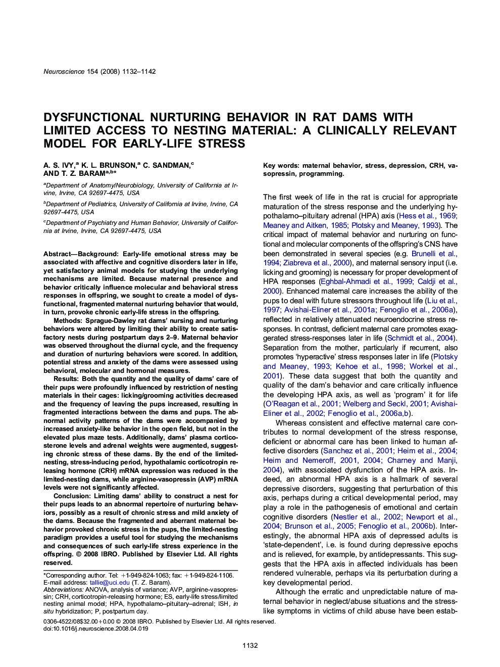 Dysfunctional nurturing behavior in rat dams with limited access to nesting material: A clinically relevant model for early-life stress