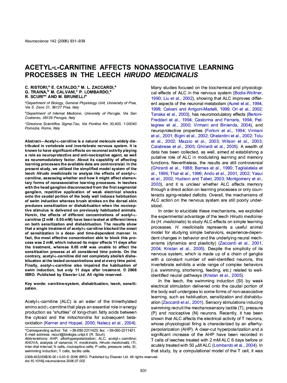 Acetyl-l-carnitine affects nonassociative learning processes in the leech Hirudo medicinalis
