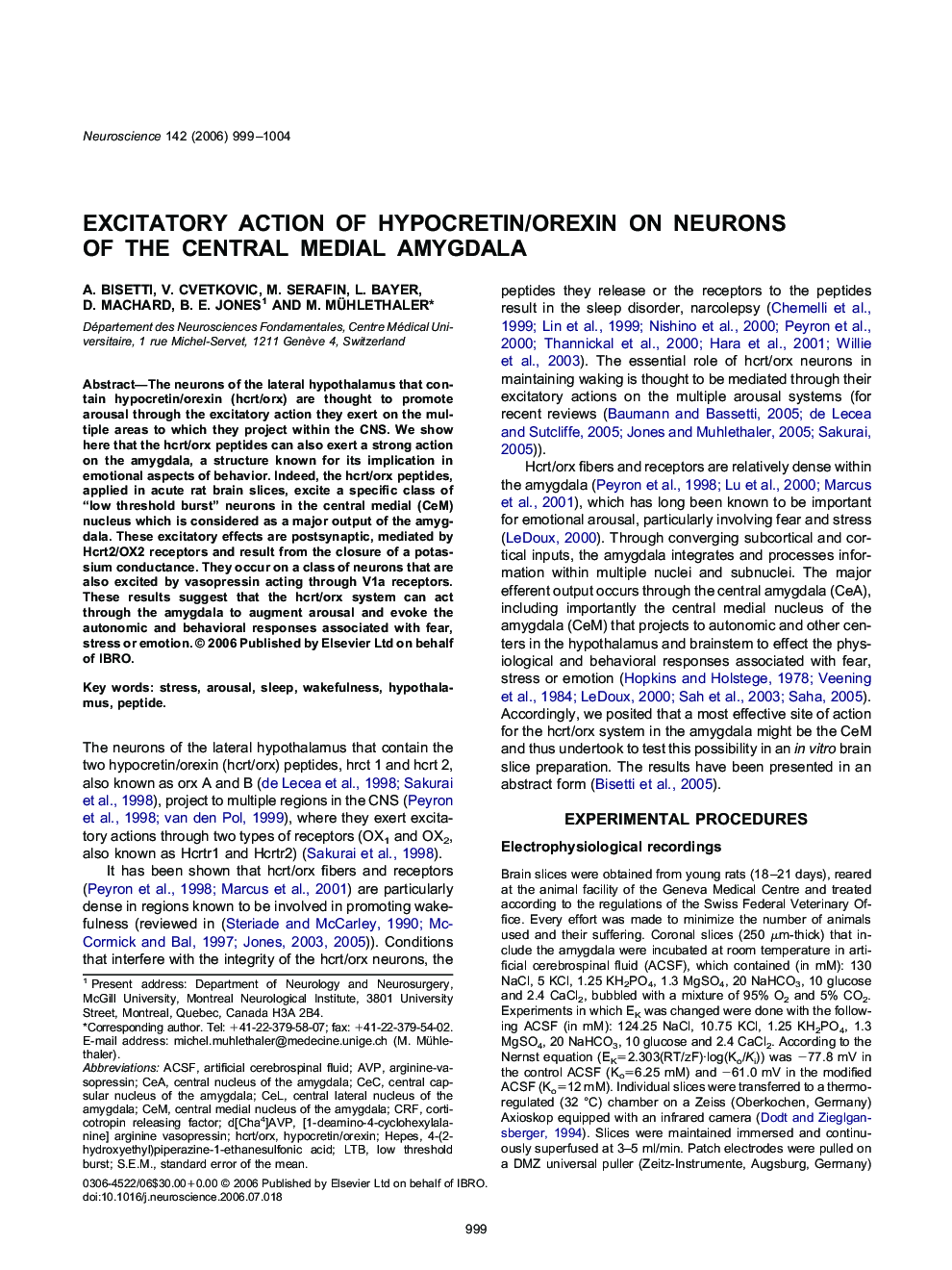 Excitatory action of hypocretin/orexin on neurons of the central medial amygdala