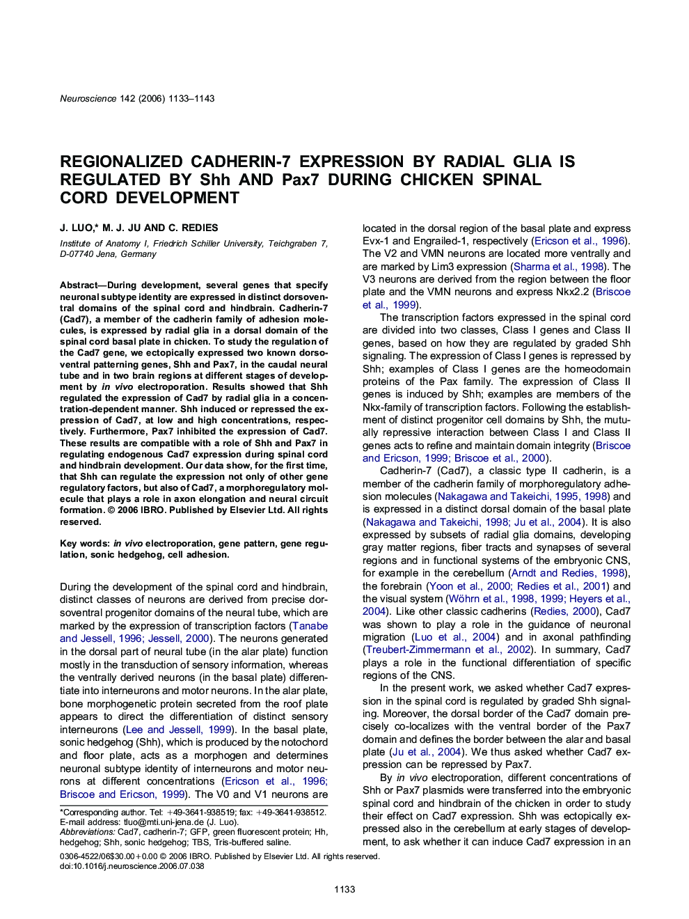 Regionalized cadherin-7 expression by radial glia is regulated by Shh and Pax7 during chicken spinal cord development