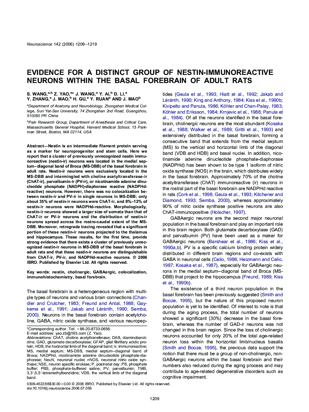 Evidence for a distinct group of nestin-immunoreactive neurons within the basal forebrain of adult rats