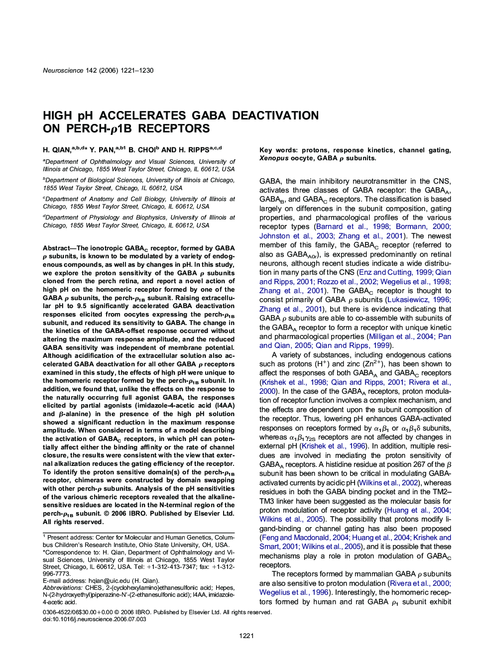 High pH accelerates GABA deactivation on perch-ρ1B receptors