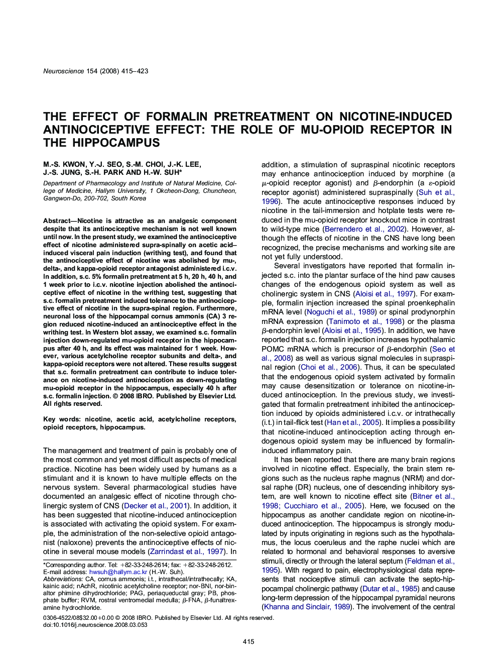 The effect of formalin pretreatment on nicotine-induced antinociceptive effect: The role of mu-opioid receptor in the hippocampus