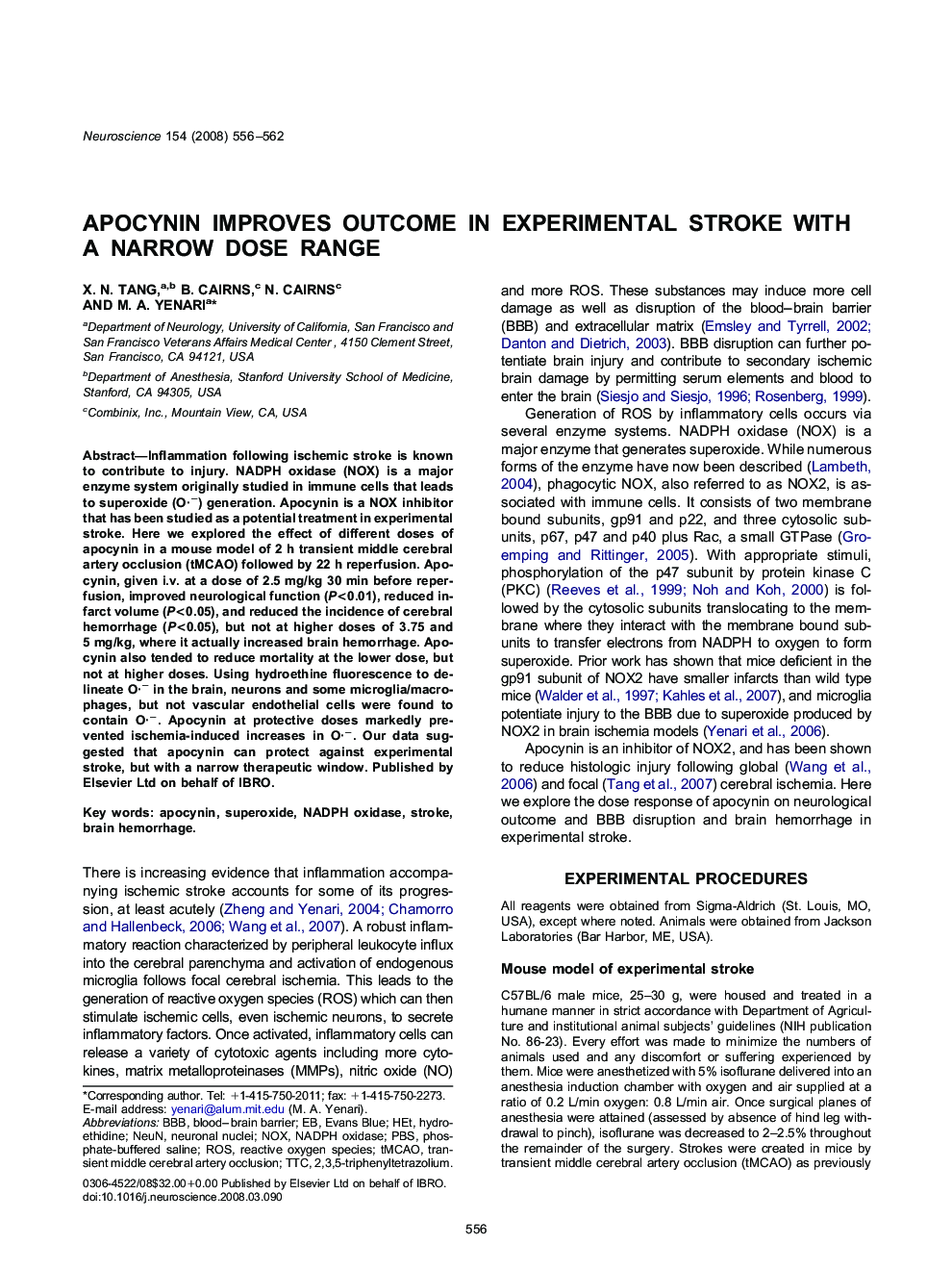 Apocynin improves outcome in experimental stroke with a narrow dose range