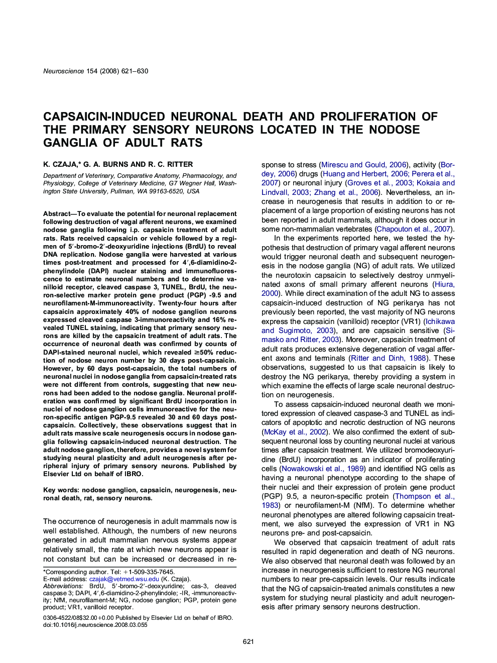 Capsaicin-induced neuronal death and proliferation of the primary sensory neurons located in the nodose ganglia of adult rats