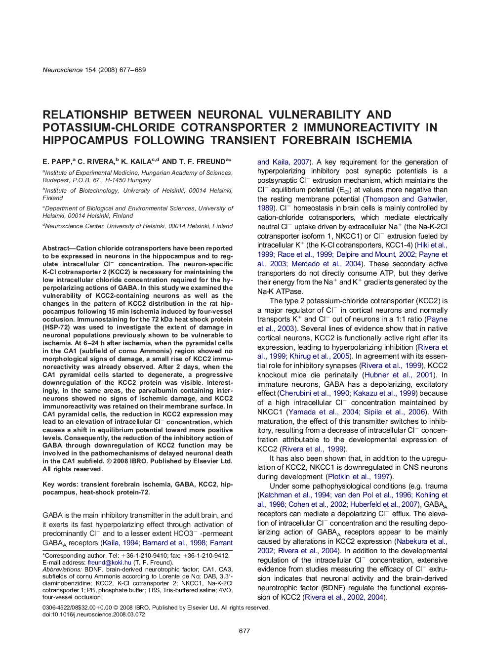 Relationship between neuronal vulnerability and potassium-chloride cotransporter 2 immunoreactivity in hippocampus following transient forebrain ischemia