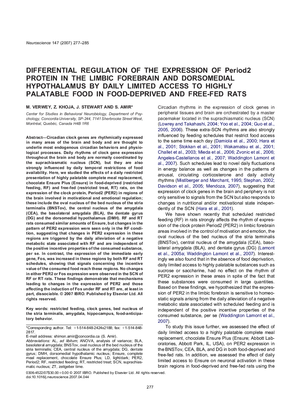 Differential regulation of the expression of Period2 protein in the limbic forebrain and dorsomedial hypothalamus by daily limited access to highly palatable food in food-deprived and free-fed rats