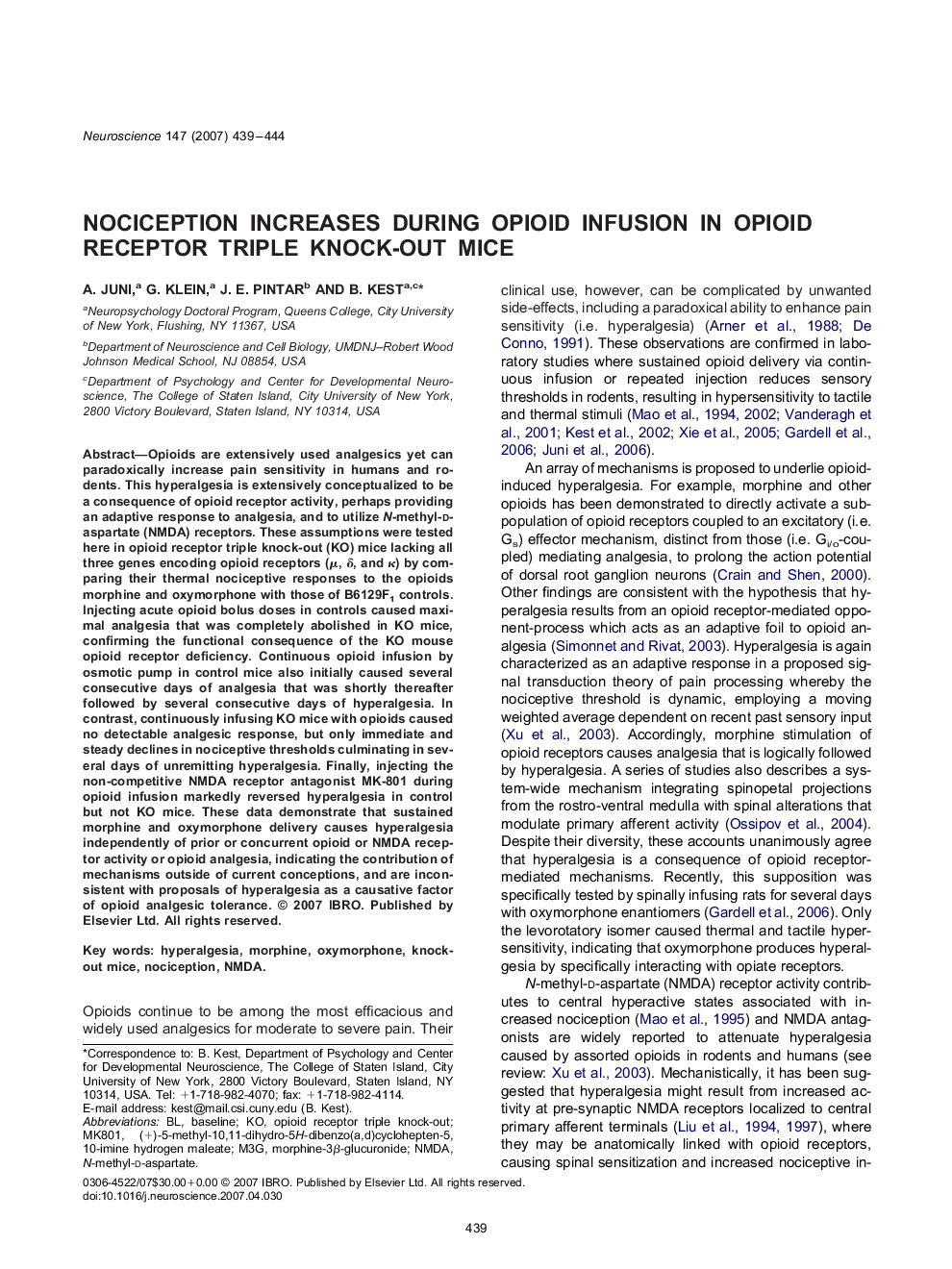 Nociception increases during opioid infusion in opioid receptor triple knock-out mice