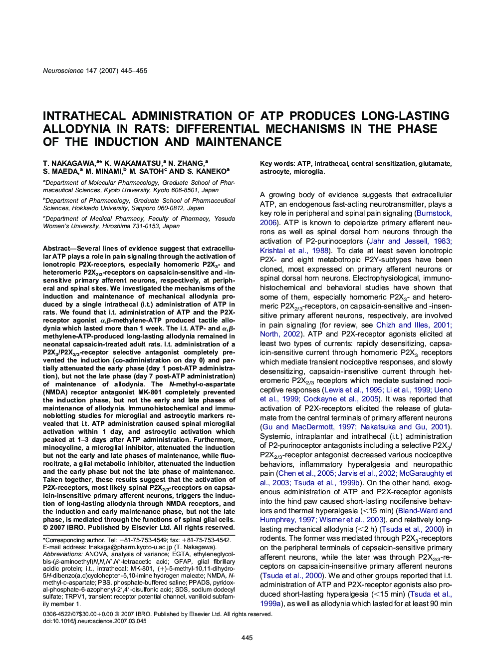 Intrathecal administration of ATP produces long-lasting allodynia in rats: Differential mechanisms in the phase of the induction and maintenance