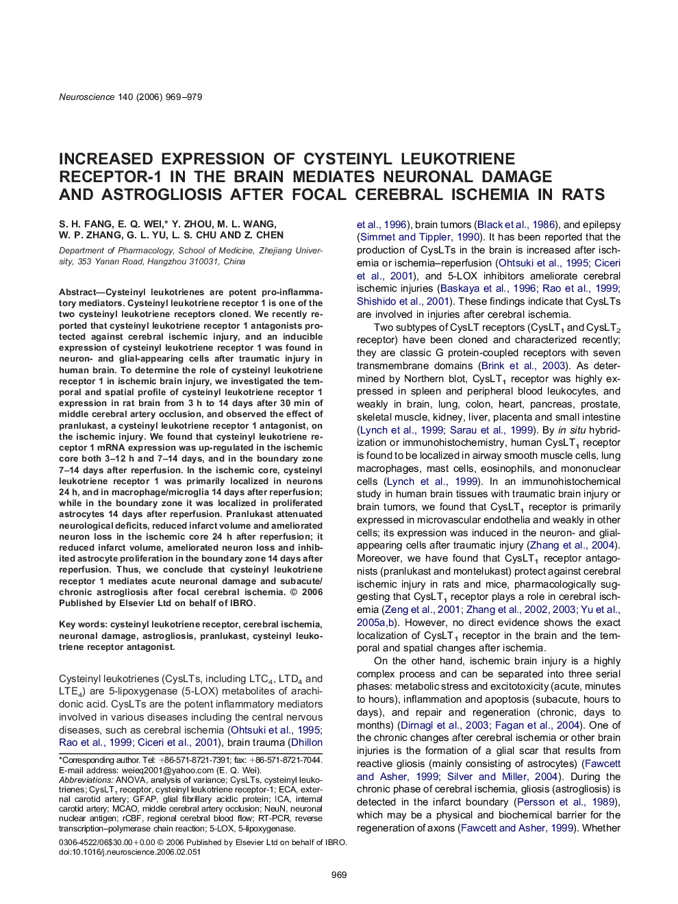 Increased expression of cysteinyl leukotriene receptor-1 in the brain mediates neuronal damage and astrogliosis after focal cerebral ischemia in rats