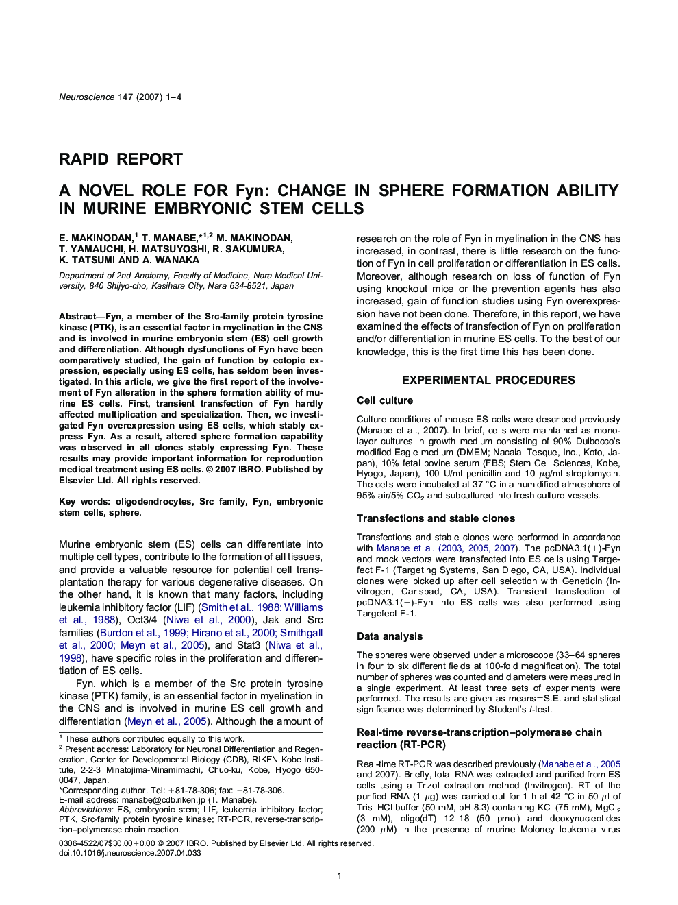 A novel role for Fyn: Change in sphere formation ability in murine embryonic stem cells