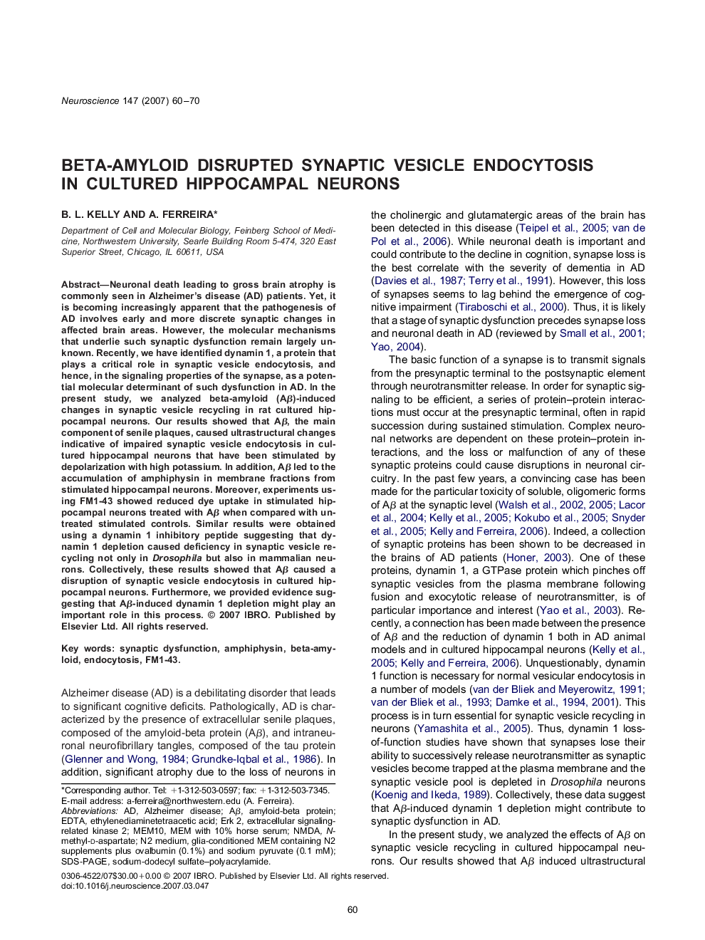 Beta-amyloid disrupted synaptic vesicle endocytosis in cultured hippocampal neurons