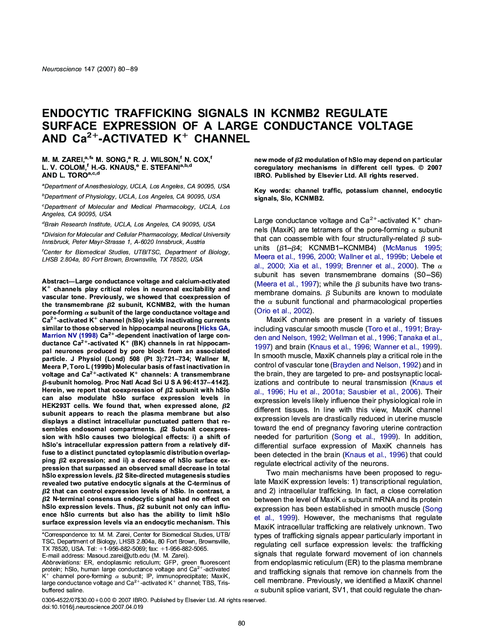 Endocytic trafficking signals in KCNMB2 regulate surface expression of a large conductance voltage and Ca2+-activated K+ channel