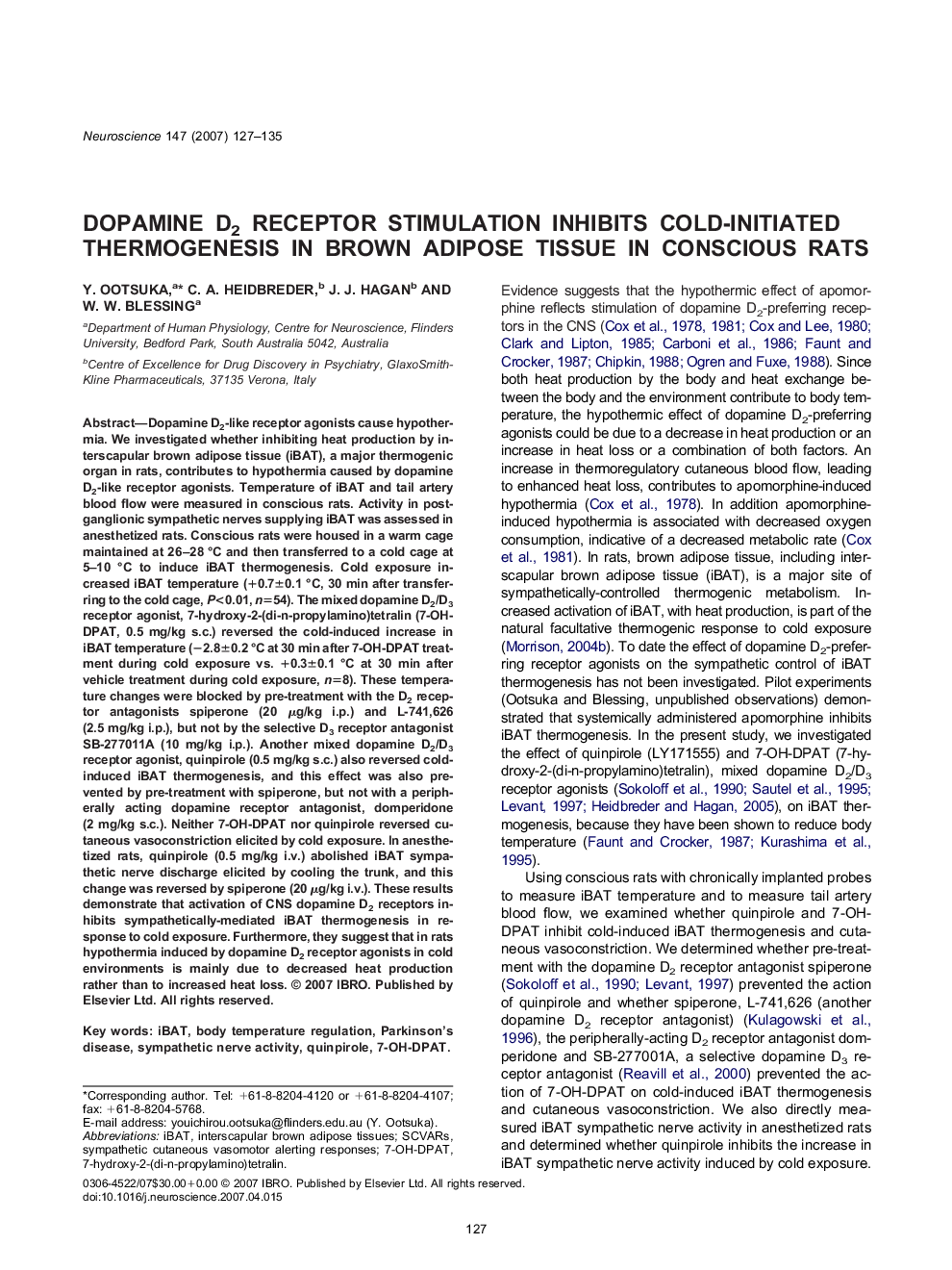 Dopamine D2 receptor stimulation inhibits cold-initiated thermogenesis in brown adipose tissue in conscious rats