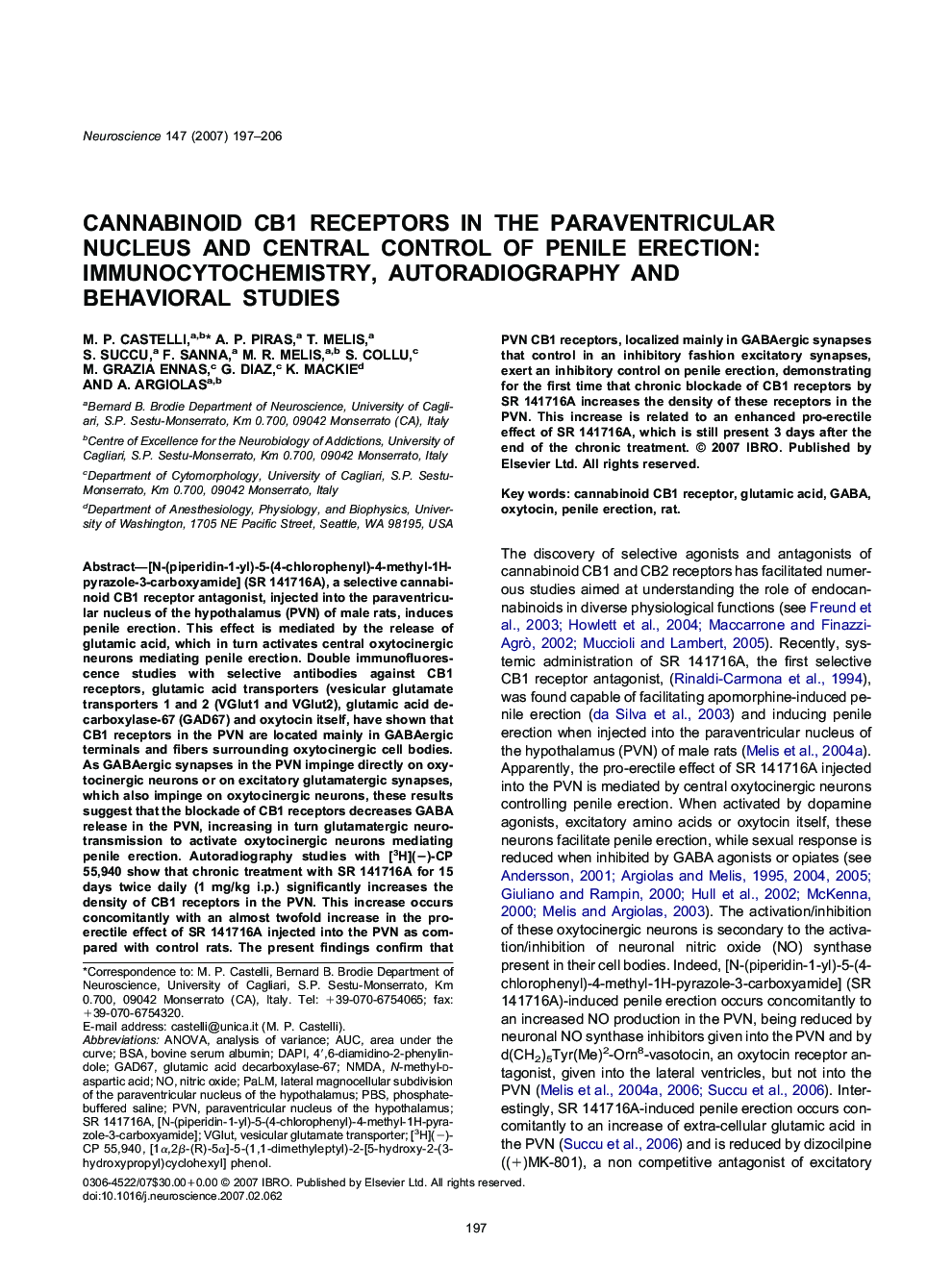 Cannabinoid CB1 receptors in the paraventricular nucleus and central control of penile erection: Immunocytochemistry, autoradiography and behavioral studies