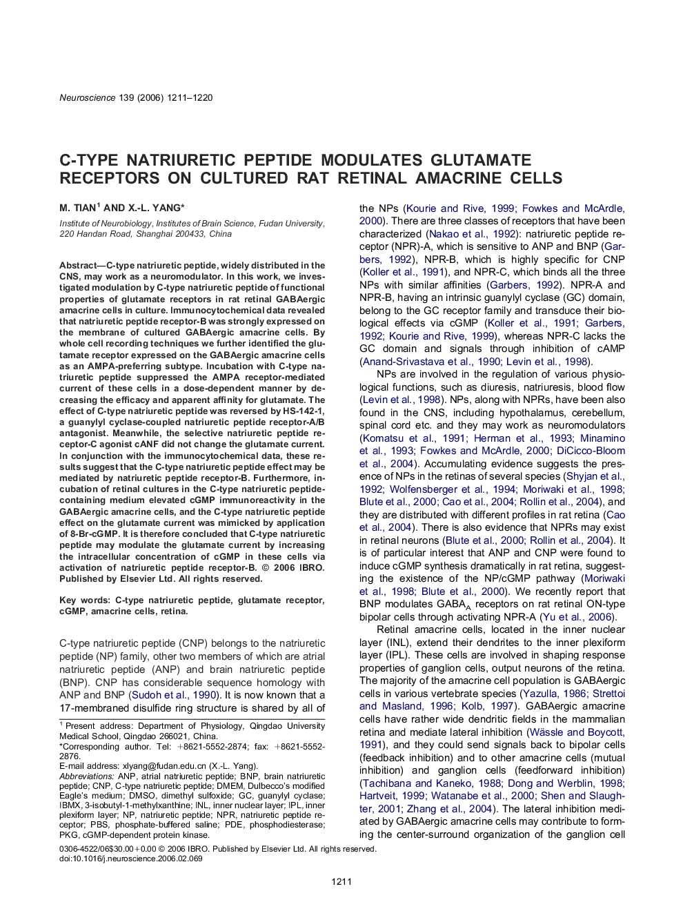 C-type natriuretic peptide modulates glutamate receptors on cultured rat retinal amacrine cells