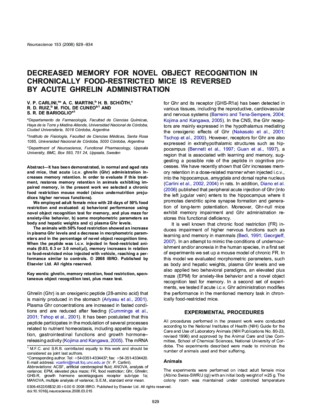 Decreased memory for novel object recognition in chronically food-restricted mice is reversed by acute ghrelin administration