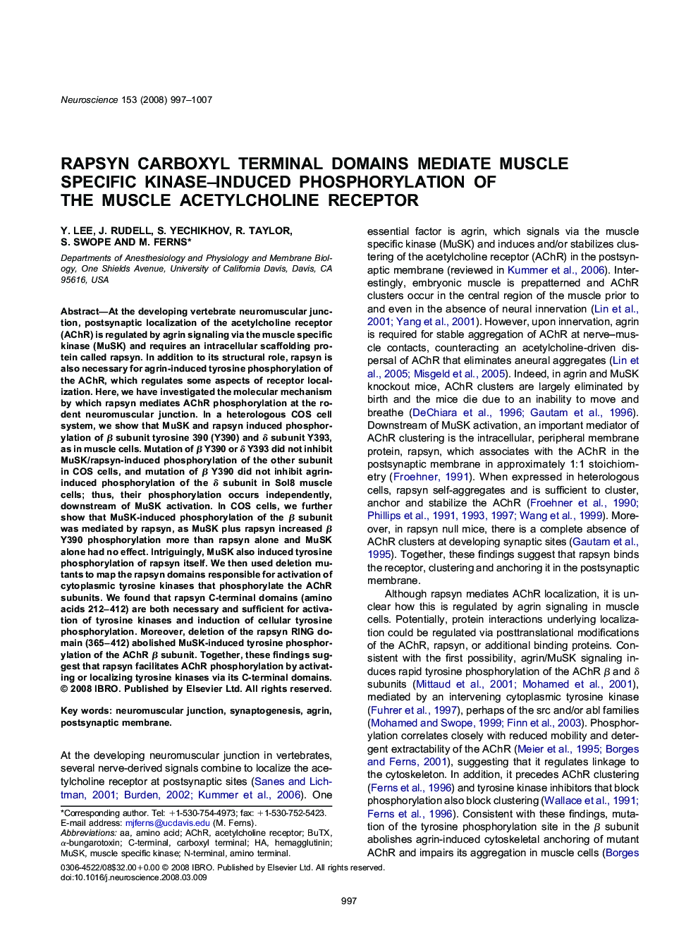 Rapsyn carboxyl terminal domains mediate muscle specific kinase–induced phosphorylation of the muscle acetylcholine receptor