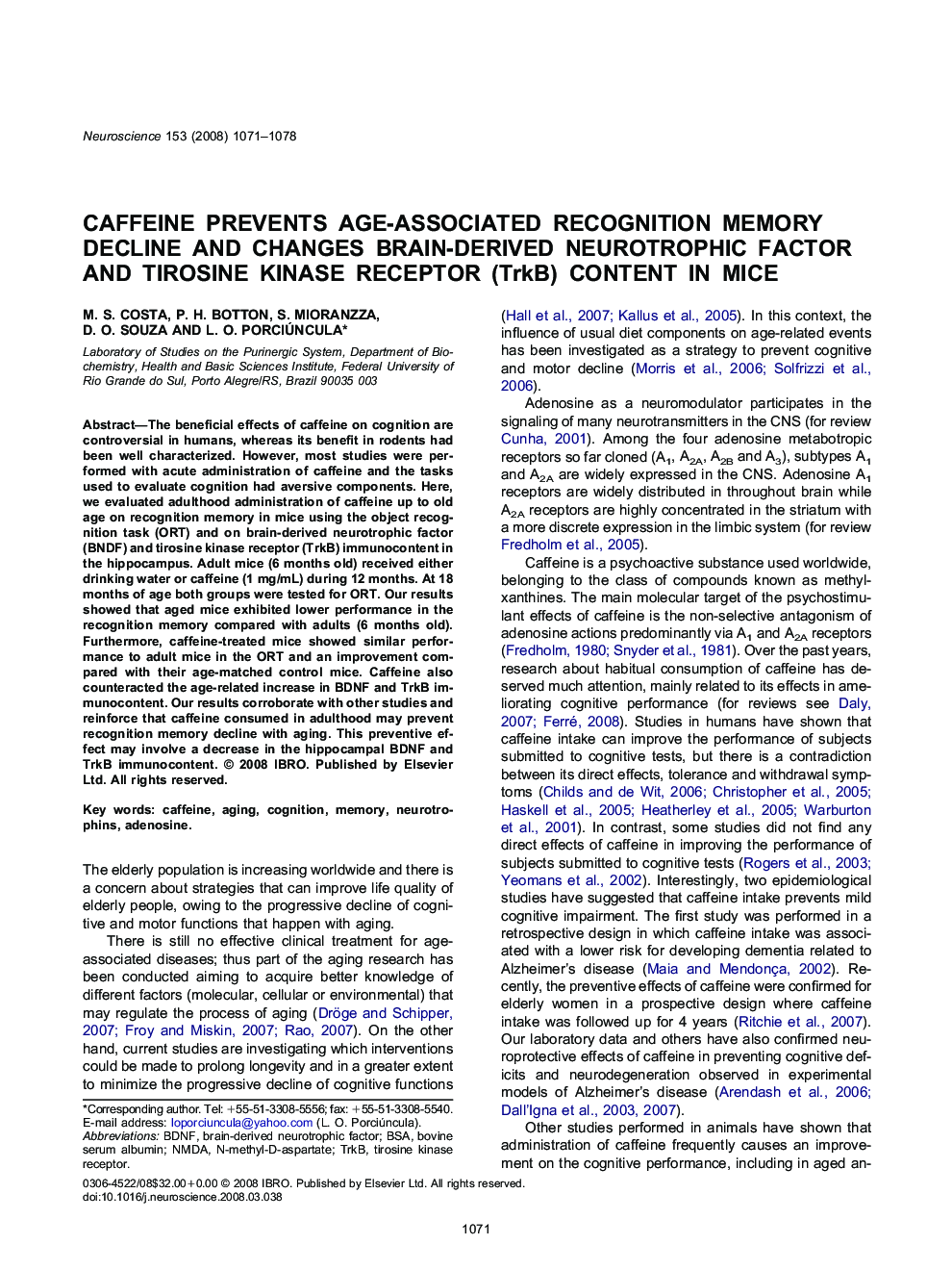 Caffeine prevents age-associated recognition memory decline and changes brain-derived neurotrophic factor and tirosine kinase receptor (TrkB) content in mice