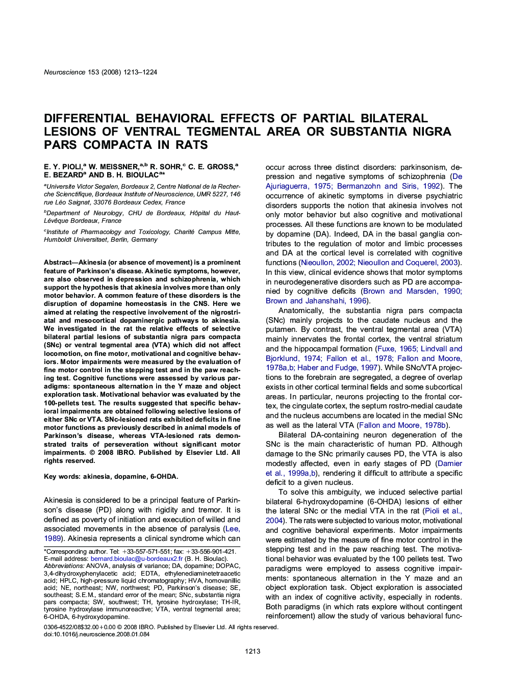 Differential behavioral effects of partial bilateral lesions of ventral tegmental area or substantia nigra pars compacta in rats