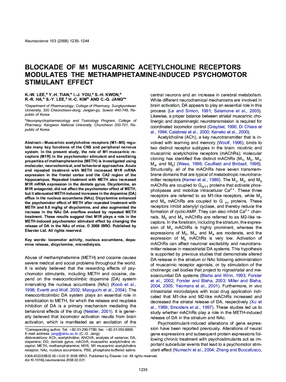 Blockade of M1 muscarinic acetylcholine receptors modulates the methamphetamine-induced psychomotor stimulant effect