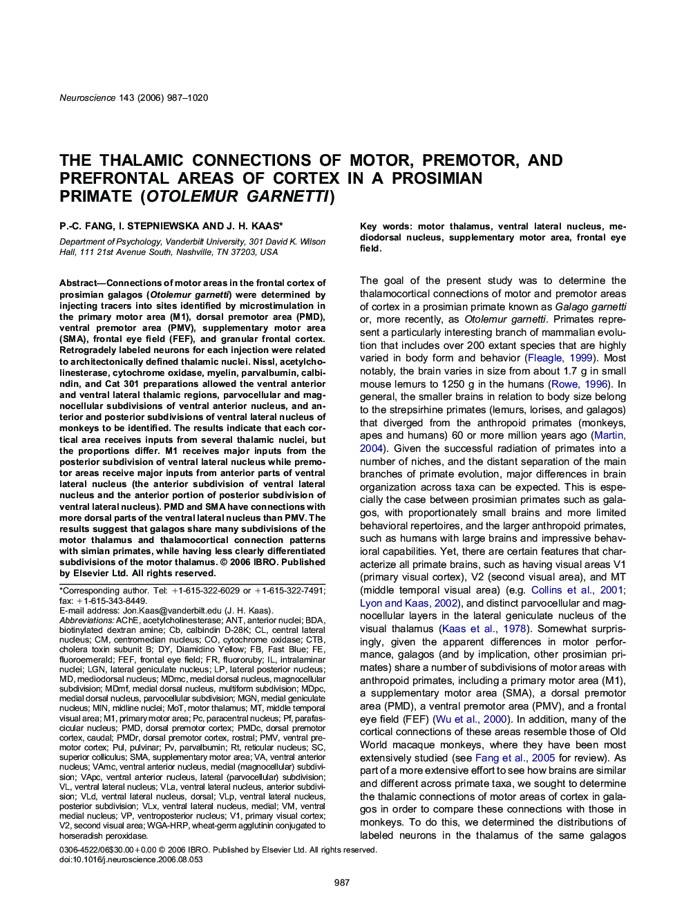 The thalamic connections of motor, premotor, and prefrontal areas of cortex in a prosimian primate (Otolemur garnetti)