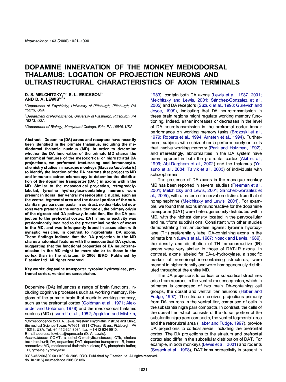 Dopamine innervation of the monkey mediodorsal thalamus: Location of projection neurons and ultrastructural characteristics of axon terminals