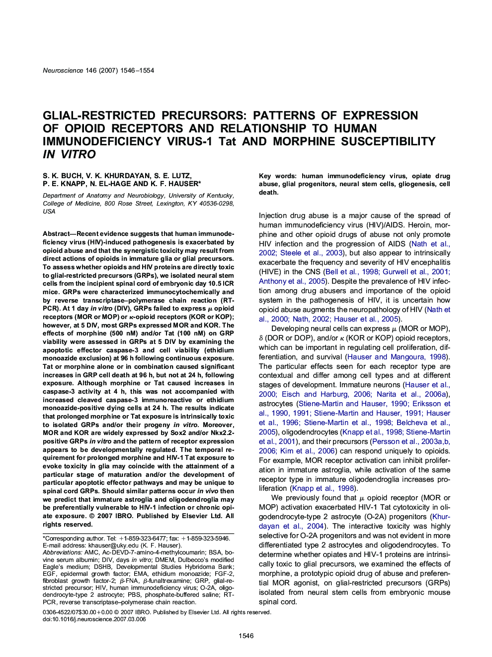 Glial-restricted precursors: Patterns of expression of opioid receptors and relationship to human immunodeficiency virus-1 Tat and morphine susceptibility in vitro