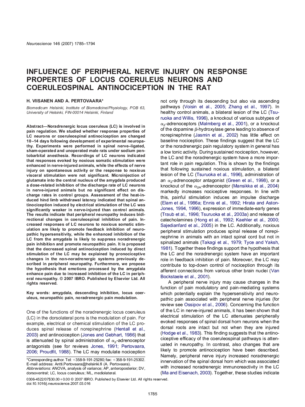 Influence of peripheral nerve injury on response properties of locus coeruleus neurons and coeruleospinal antinociception in the rat