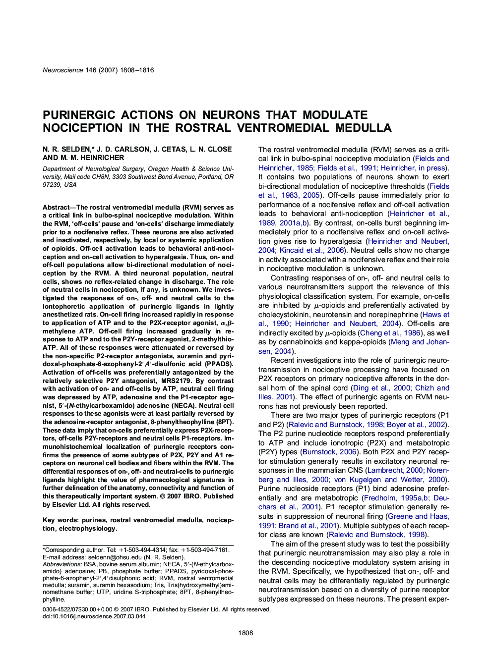 Purinergic actions on neurons that modulate nociception in the rostral ventromedial medulla